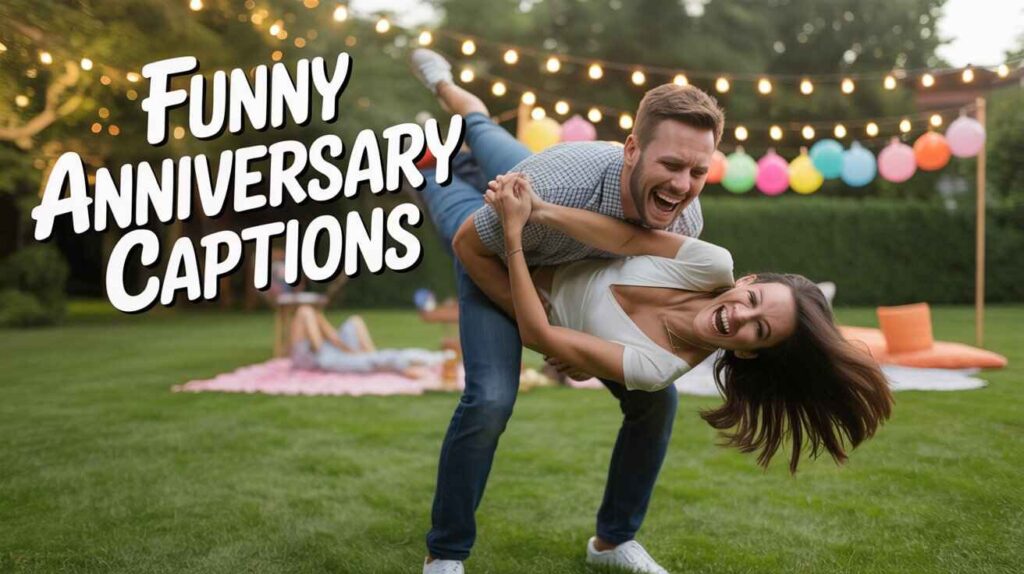 Man lifting his wife in a funny fail pose (about to fall), both laughing, candid vibe, backyard party setup — “Funny Anniversary Captions” in bold handwritten font floating above them