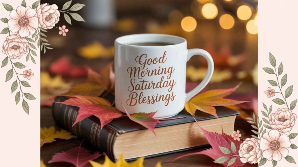 "Good Morning Saturday Blessings – A peaceful weekend greeting with a warm cup of coffee, autumn leaves, and floral design."

