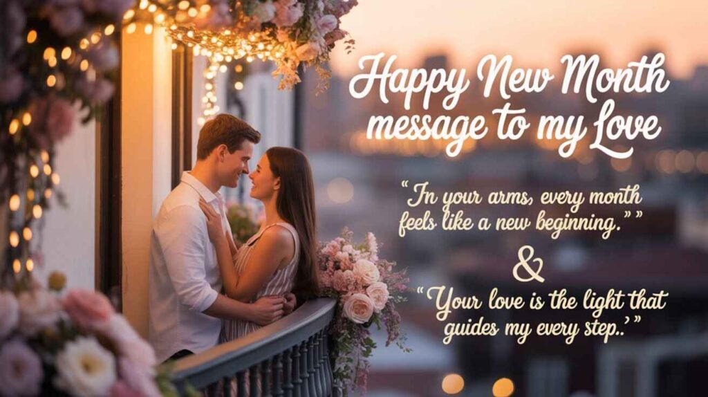 Romantic couple sitting together under fairy lights at night, soft dreamy background. Add two love messages on image:
💌 “In your arms, every month feels like a new beginning.”
💌 “Your love is the light that guides my every step.”
Add title text: Happy New Month Message to My Love