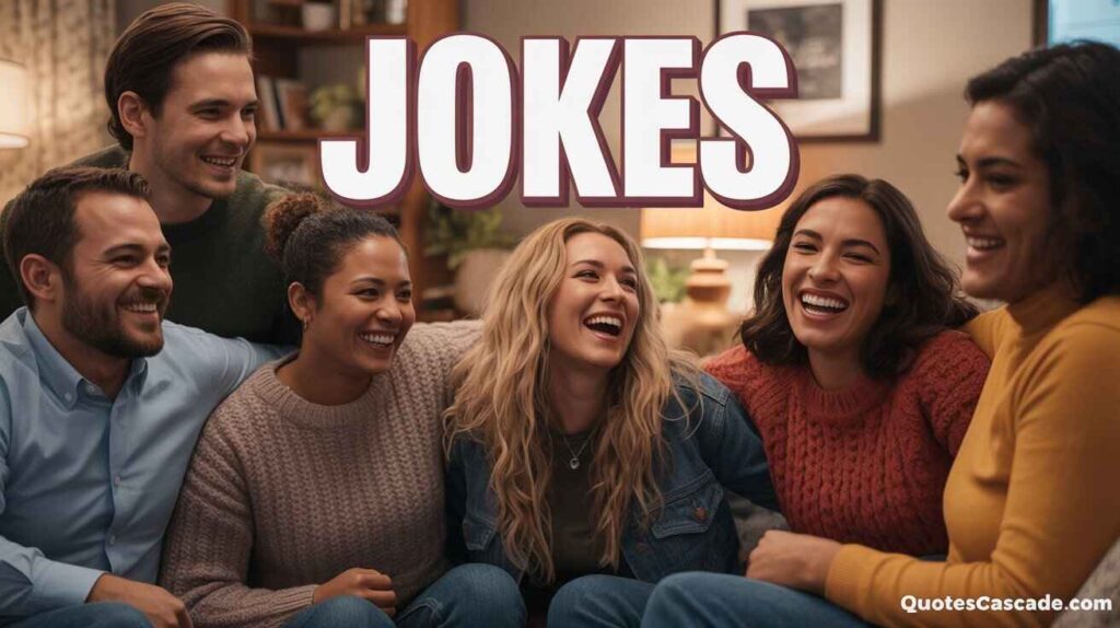A diverse group of friends laughing together in a cozy living room, warm lighting, casual winter outfits, big bold white “JOKES” text at the top — happy, fun, friendly vibe for a humor website.