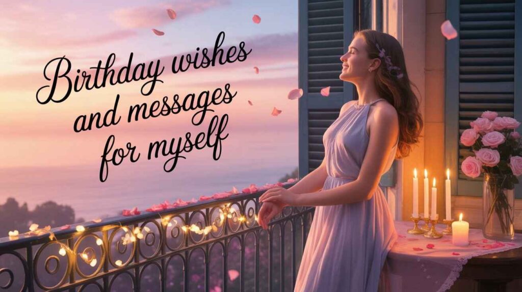 A graceful woman in a soft lavender dress stands on a candlelit balcony at sunset, surrounded by pink roses and floating petals. She gazes at the sky with a serene smile. The words “Birthday wishes and messages for myself” appear elegantly in the air, reflecting a moment of gratitude and self-love.

