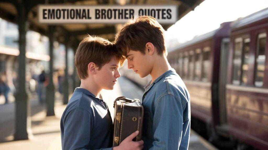 "Two brothers sharing an emotional farewell moment at a train station 


