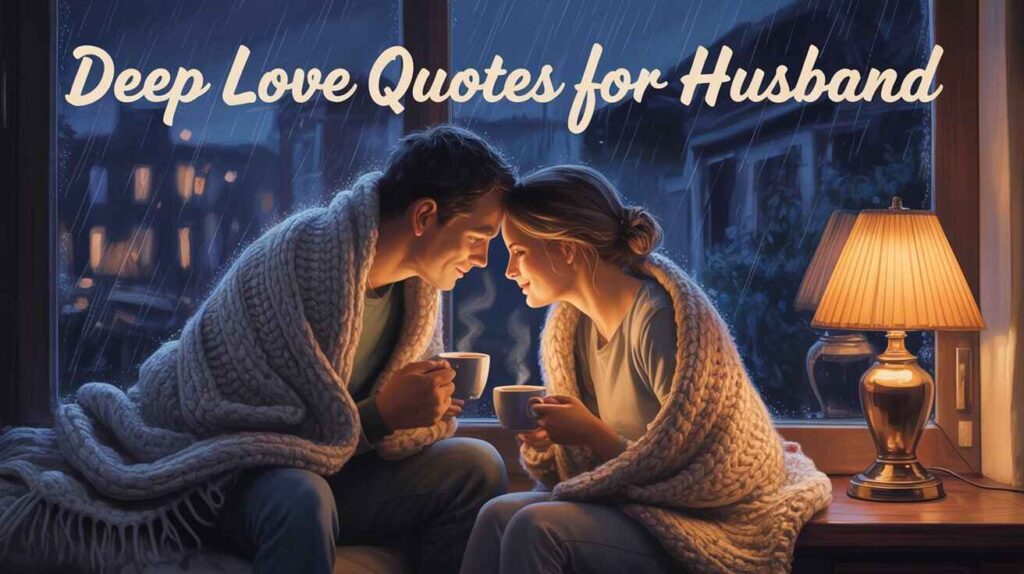 "A cozy couple sitting by the window on a rainy night, wrapped in a thick blanket, holding coffee mugs, warm lamp glowing beside them, steam rising from cups, romantic and peaceful atmosphere."

