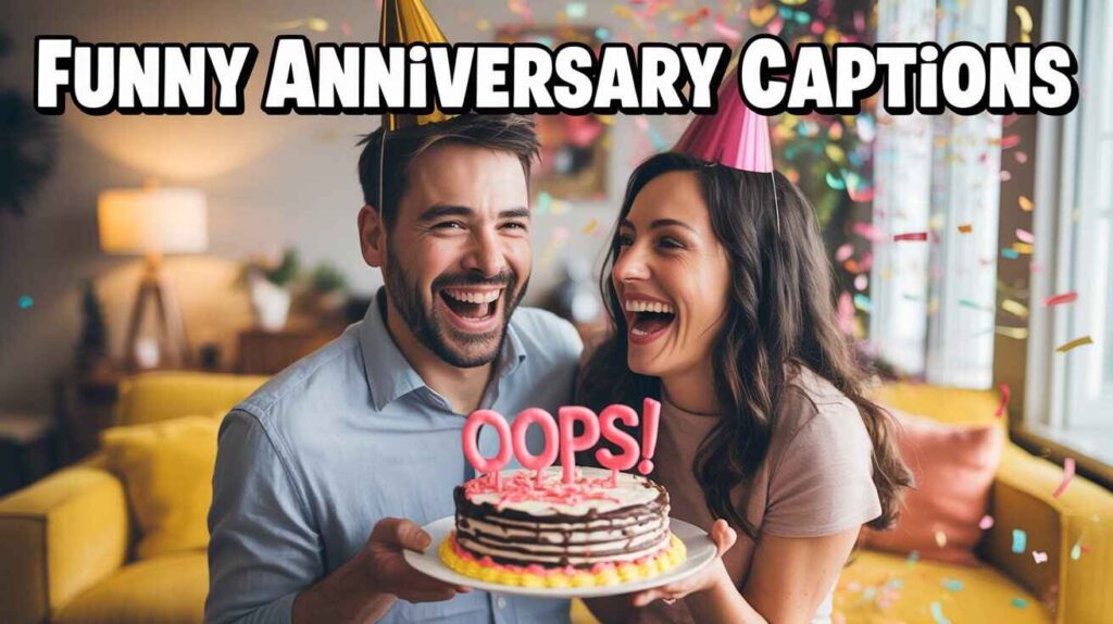 Realistic photo of husband wearing a party hat upside down, wife holding a cake with “Oops!” written on it, both laughing hysterically, confetti flying — text on top in comic-style font: “Funny Anniversary Captions”