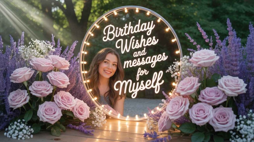 "A beautiful young woman smiling in an outdoor garden setting, surrounded by lavender flowers, pink roses, and baby's breath. She is framed inside a circular mirror or sign with glowing lights around the edge. The mirror contains the text: 'Birthday Wishes and messages for Myself'. The background features soft natural sunlight streaming through trees, creating a magical and serene atmosphere."