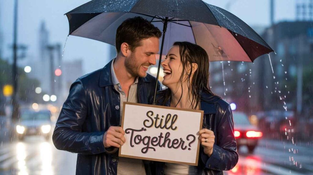 A couple standing in rain with a broken umbrella, completely wet but laughing, wife holding a “Still Together?” sign  “Funny Anniversary Captions” written in rainbow font in sky background
