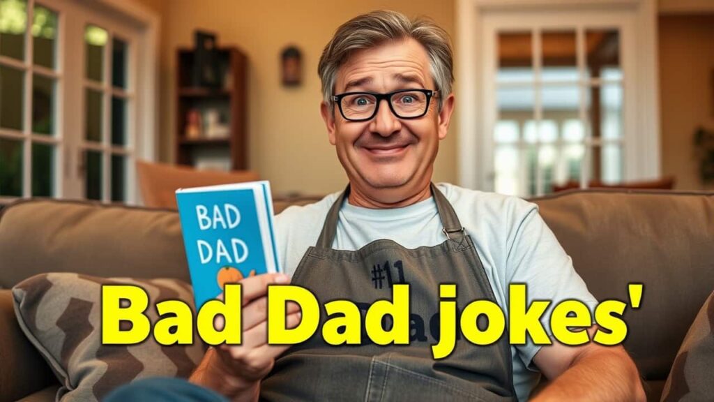 A middle-aged man with glasses and a goofy smile sitting in a living room or backyard, holding a joke book titled “Bad Dad Jokes” proudly. He’s wearing a “#1 Dad” T-shirt or apron. Slightly awkward pose, warm lighting, real photo style. Add big bold yellow text at the top center: “Bad Dad Jokes”. At the bottom right in clean small white font: “quotescascade.com”. 