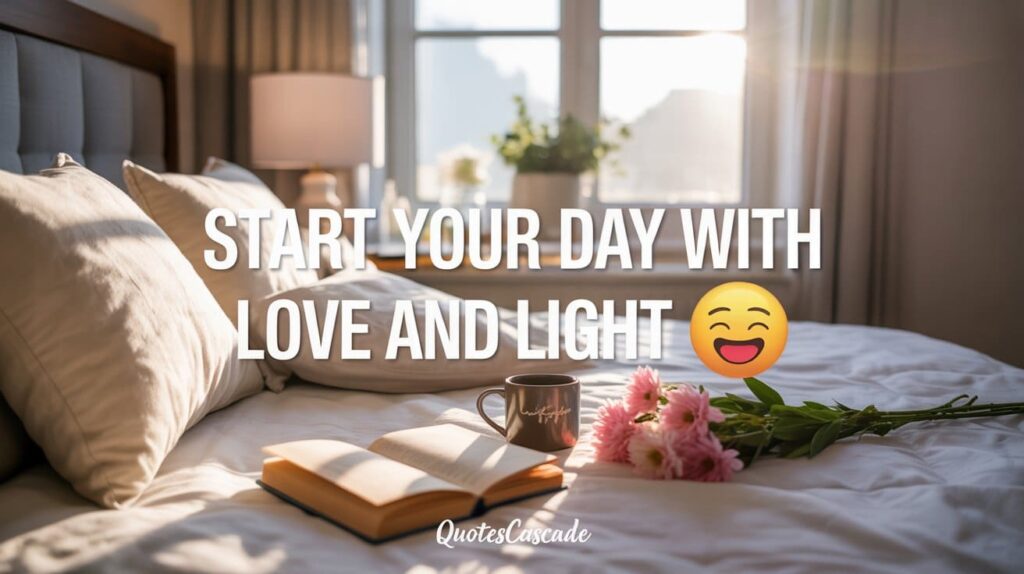 A cozy bed scene with morning sunlight streaming through the window, a coffee mug, a book, and fresh flowers. Text overlay: “Start your day with love and light ☀” — 'QuotesCascade' in small cursive at bottom.
