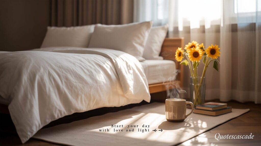 A cozy bed scene with morning sunlight streaming through the window, a coffee mug, a book, and fresh flowers. Text overlay: “Start your day with love and light ☀” — 'QuotesCascade' in small cursive at bottom.
