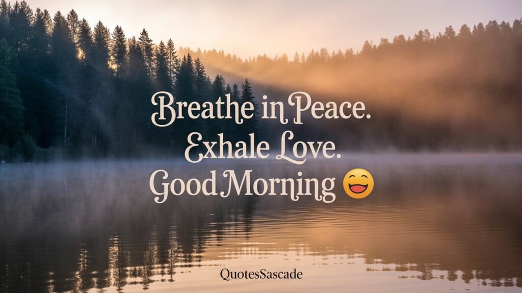 A peaceful forest or lakeside at dawn, soft mist, light rays peeking through trees. Text overlay: “Breathe in peace. Exhale love. Good Morning 🌿” — Add ‘QuotesCascade’ in small, serif font at the base.
(ggod morning messages)