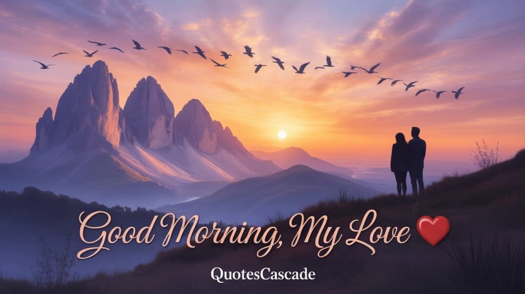 A soft pastel sunrise over a mountain range, with a silhouette of a couple holding hands, dreamy sky, birds flying, warm tones. Text in elegant script: “Good Morning, My Love ❤” — Add ‘QuotesCascade’ at the bottom in simple serif font.
