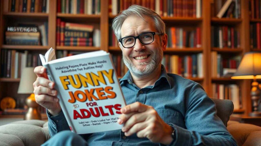 A cheerful middle-aged man with gray hair and glasses, sitting in a cozy armchair in a home library, holding a book titled “Funny Jokes for Adults” with a big smile. Bookshelves in the background, warm ambient lighting, realistic indoor setting. Text on book cover: “Funny Jokes for Adults” in large bold playful font. Bottom or corner of image: small white text “quotescascade.com”. 
