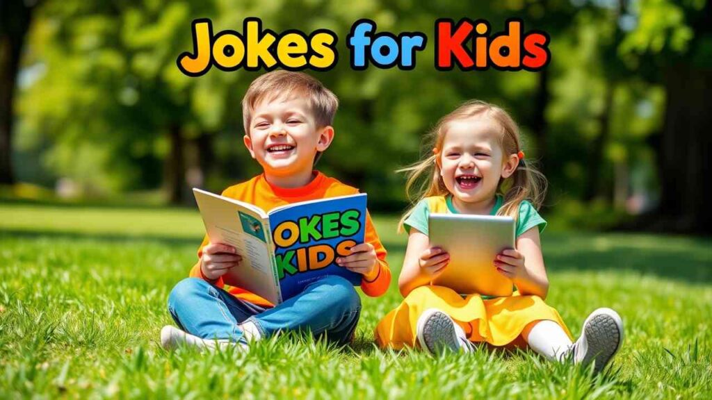 Two happy children (one boy and one girl, ages 6–8) sitting on green grass in a sunny park, both laughing joyfully. The boy is holding a colorful joke book, and the girl is holding a digital tablet. Bright daylight, vivid colors, clear and realistic expressions. Add big, bold, colorful bubble text at the top center: “Jokes for Kids”. At the bottom center, add clean white small text: “quotescascade.com”.
